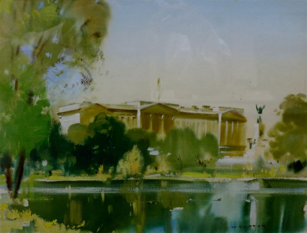 Frank Wootton (1911-1978) watercolour and goache, View of Buckingham Palace from St. Jamess Park, signed, 29 x 38cm